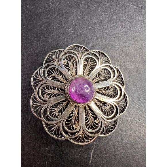 Vintage filigree amethyst sterling silver brooch made in Jerusalem - Picture 11 of 12